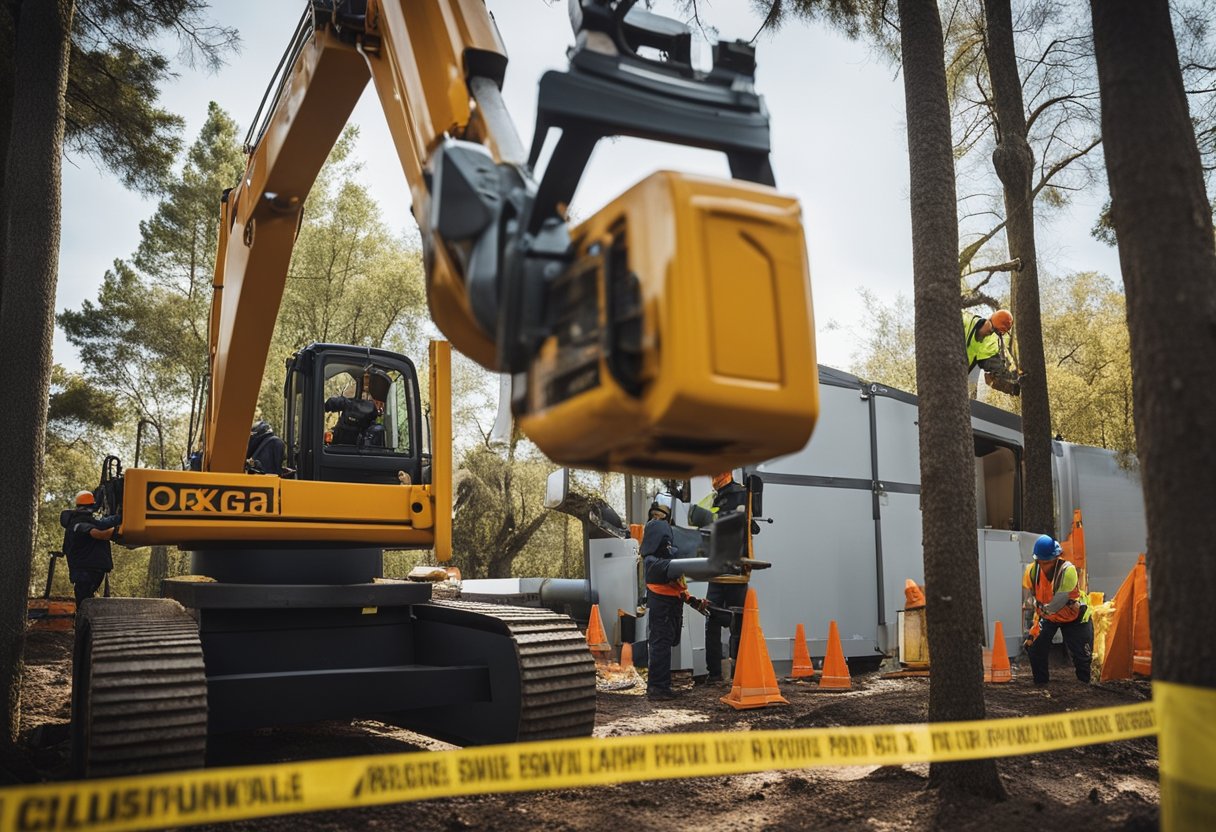 A crane operator carefully lowers a chainsaw to a tree, while workers below secure the area with caution tape and safety cones