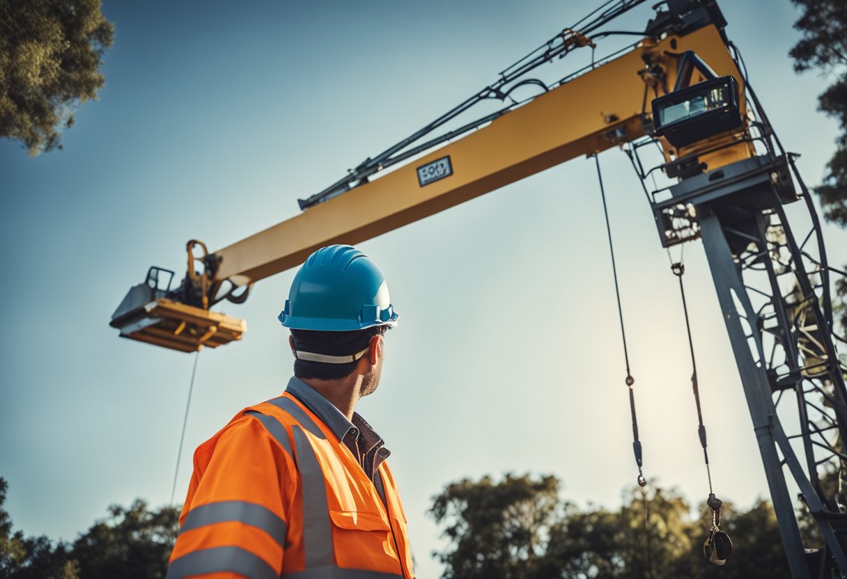 A crane operator signals to ground crew during tree removal. Hand signals and clear communication ensure safety