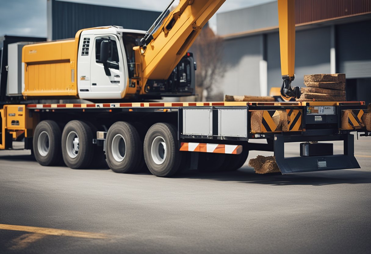 A crane operator carefully lowers a large tree trunk onto a flatbed truck while workers stand by to secure it. Safety cones and caution tape mark the area