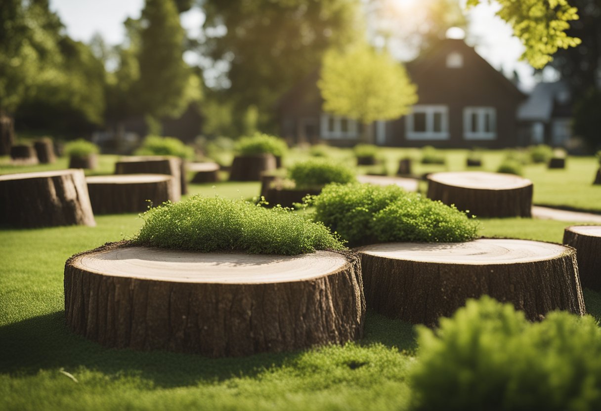 A landscaped yard with freshly removed tree stumps, revealing a clean and open space for new growth and landscaping