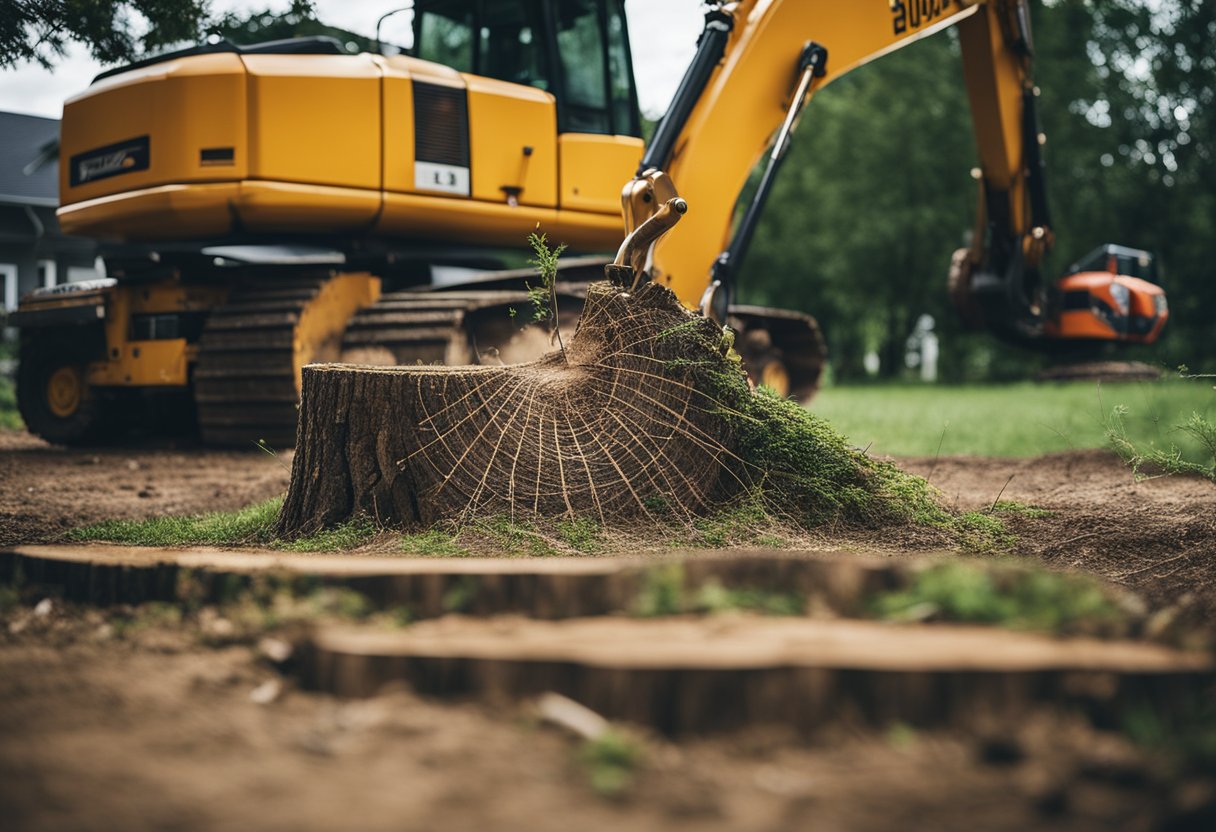 A tree stump being removed with heavy machinery from a yard surrounded by infrastructure such as a house, fence, and power lines