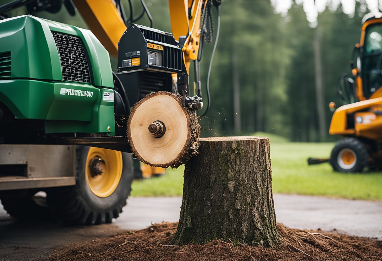 A tree stump being removed with a stump grinder, while another is being pulled out with a winch attached to a truck