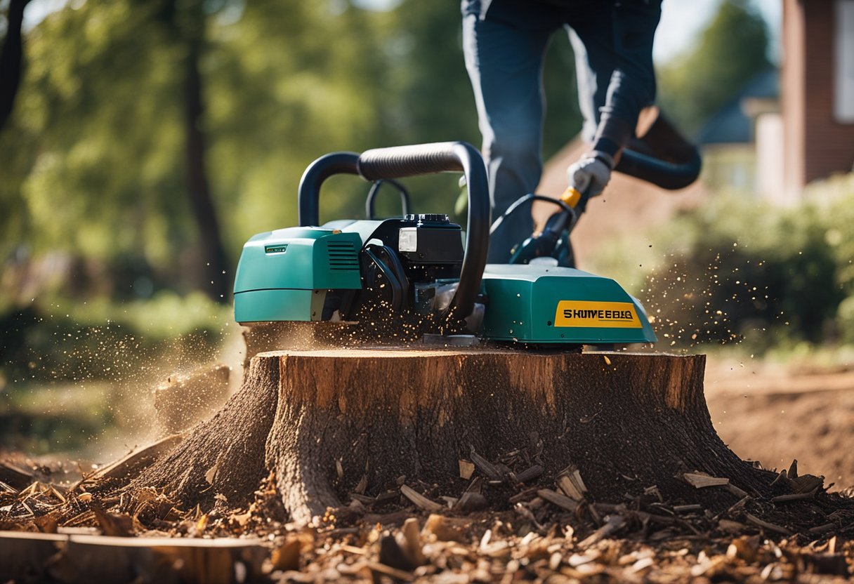 A tree stump being removed using a stump grinder, with wood chips flying and the machine in action