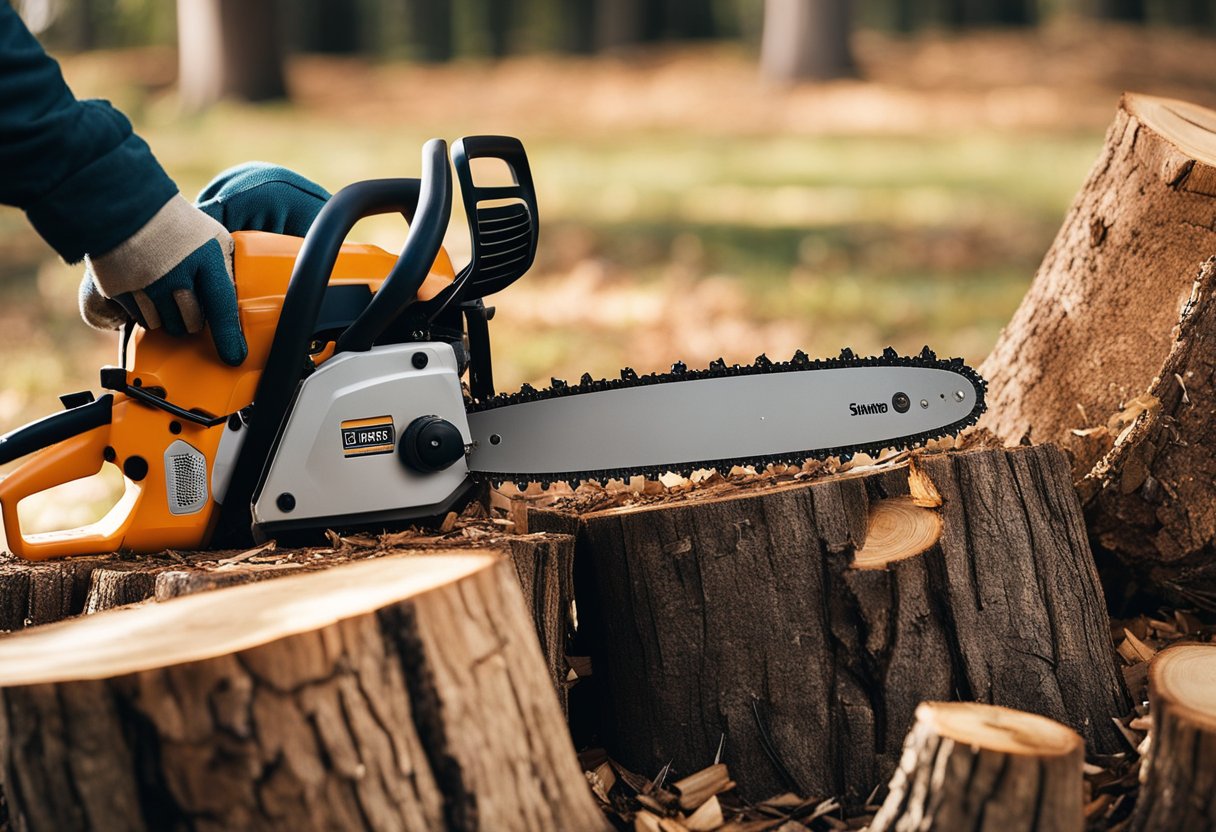 A person using a chainsaw to cut through a large tree stump in their backyard, surrounded by scattered wood chips and tools