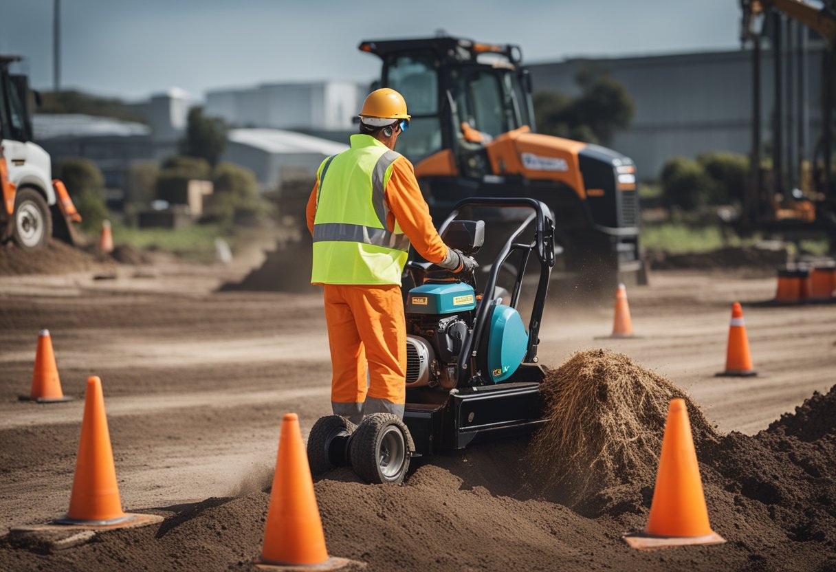 A person wearing protective gear operates a stump grinder in a cleared area, with safety cones and caution tape surrounding the work zone