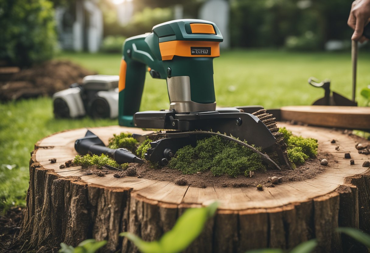 A tree stump being removed from a lush garden, with tools and equipment scattered around