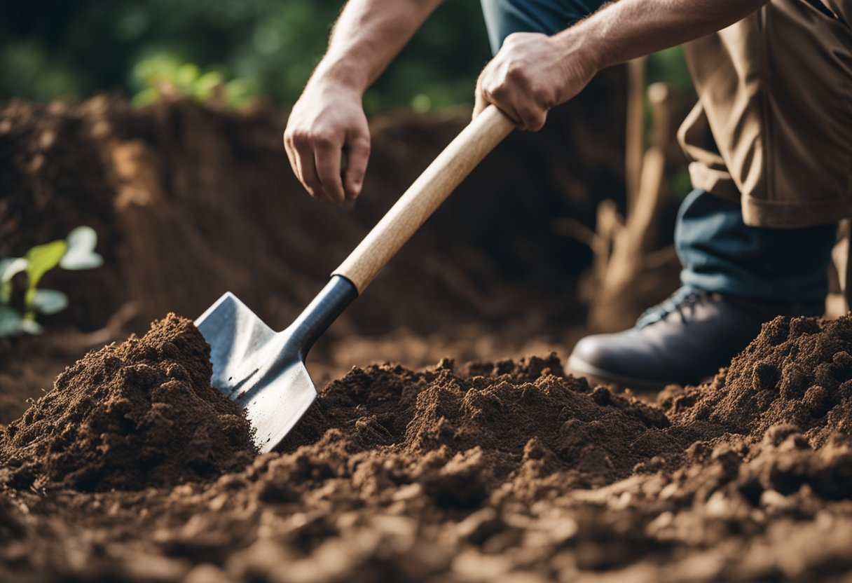 A person using a shovel to dig up a tree stump in their backyard, with a pile of soil and roots nearby