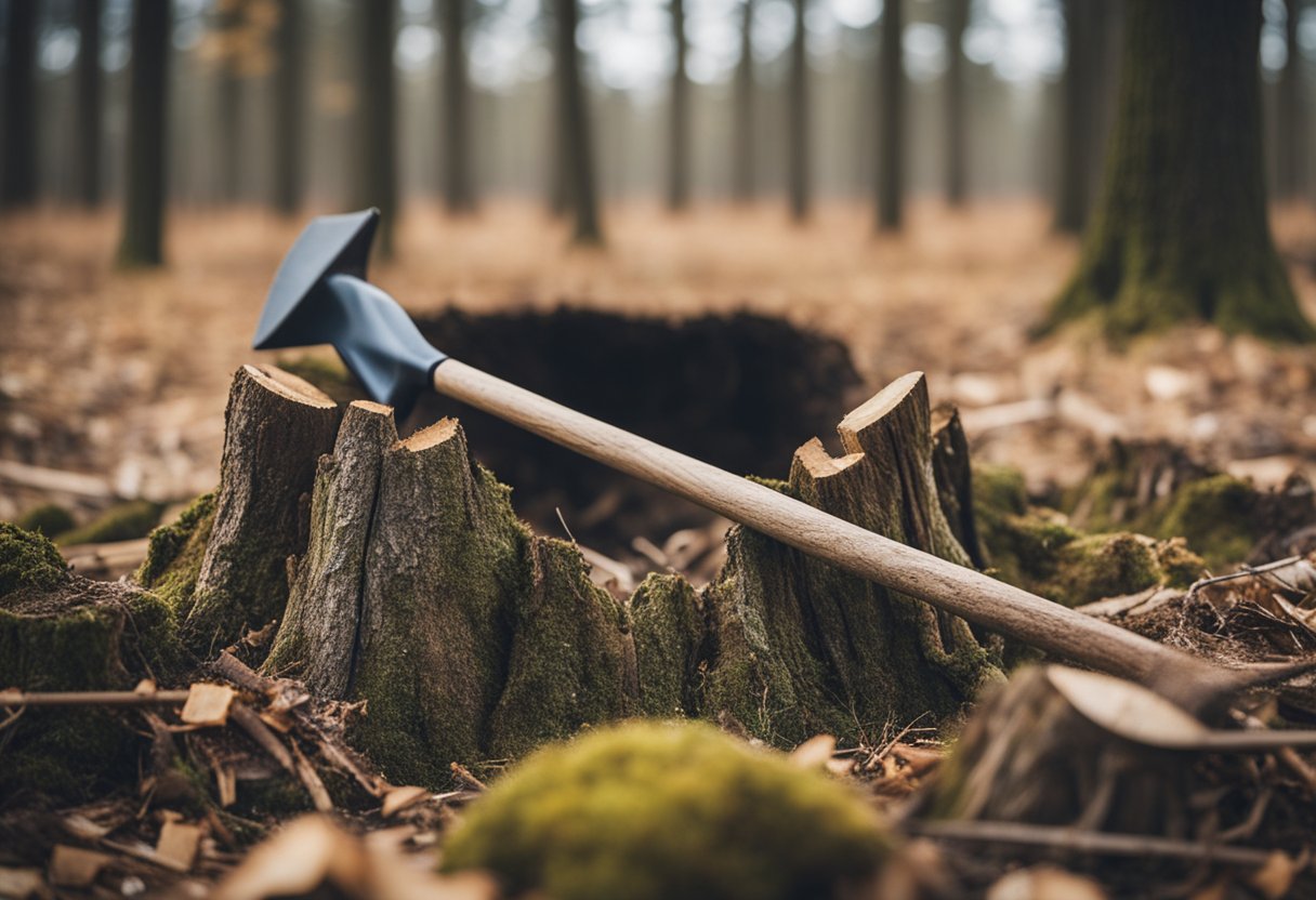 A tree stump surrounded by cleared debris, with a shovel and pickaxe nearby