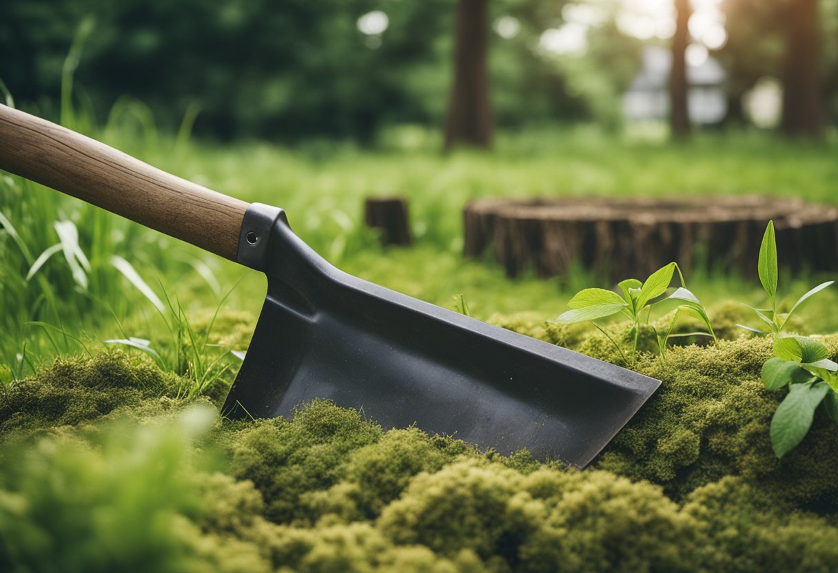 A yard with a large tree stump surrounded by grass and plants, with a shovel and pickaxe nearby