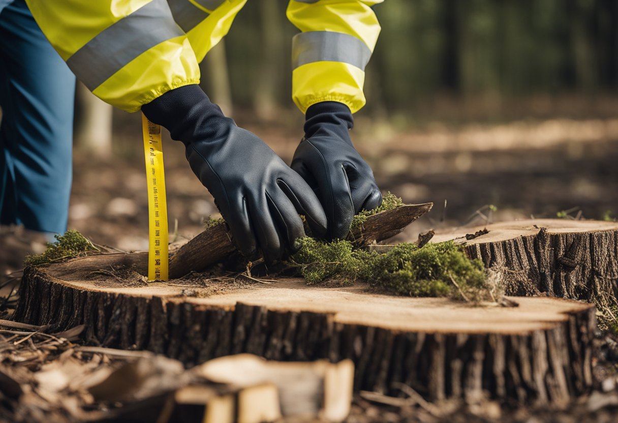 A person wearing gloves and safety goggles clears debris from around a tree stump, while marking off the area with caution tape