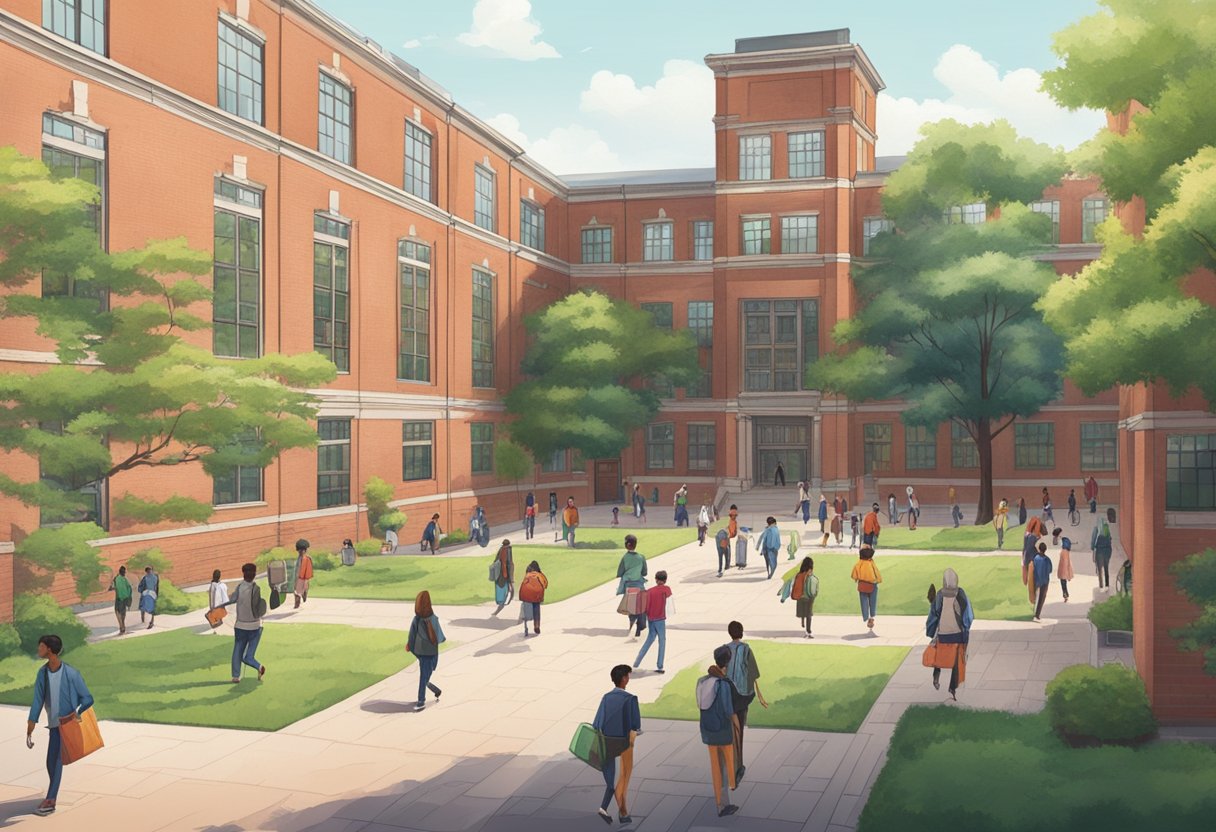A bustling school courtyard with red brick buildings, green lawns, and students walking between classes
