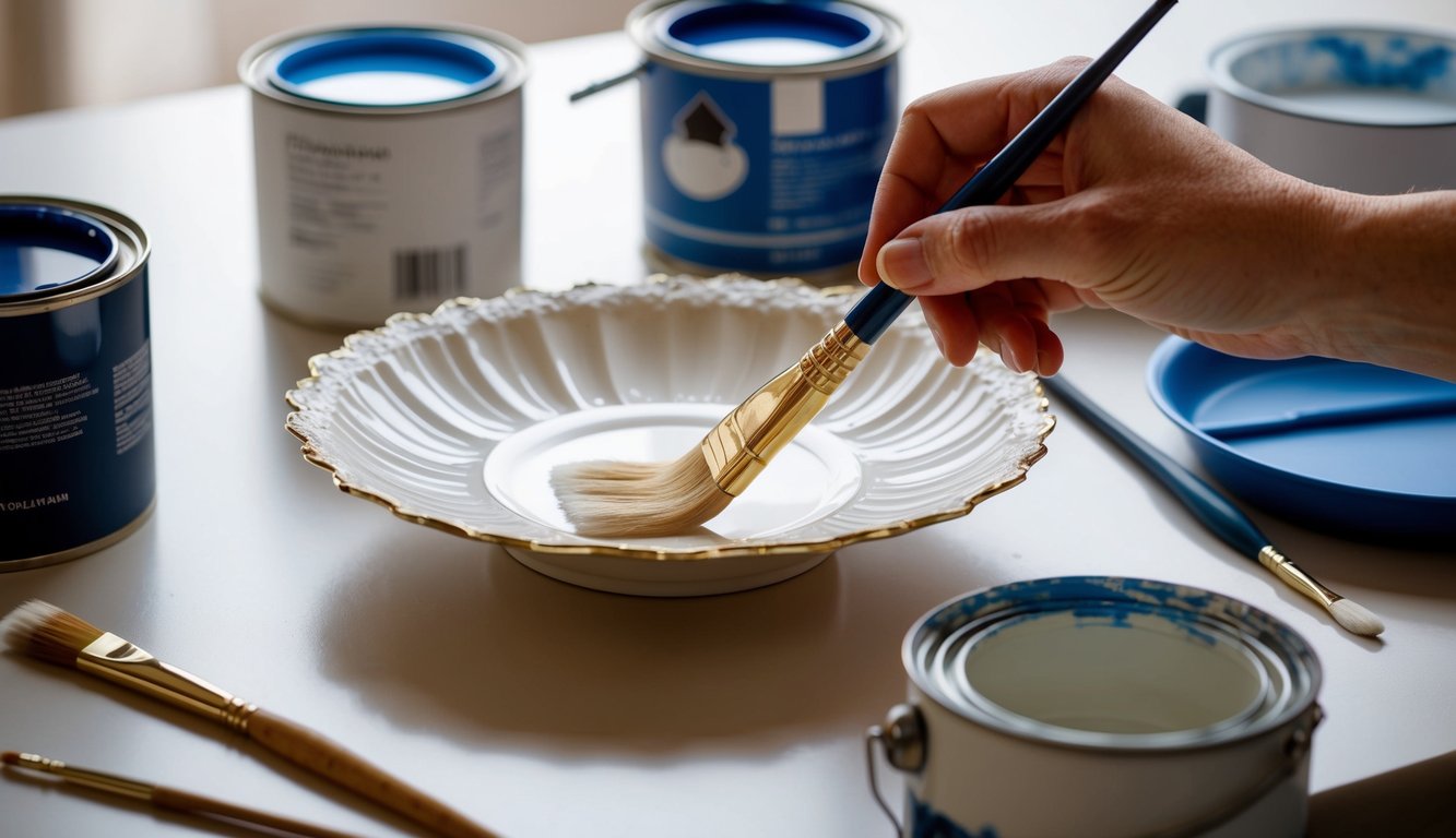 A hand holding a paintbrush, carefully applying paint to a delicate porcelain surface. Various paint cans and brushes are scattered on a table