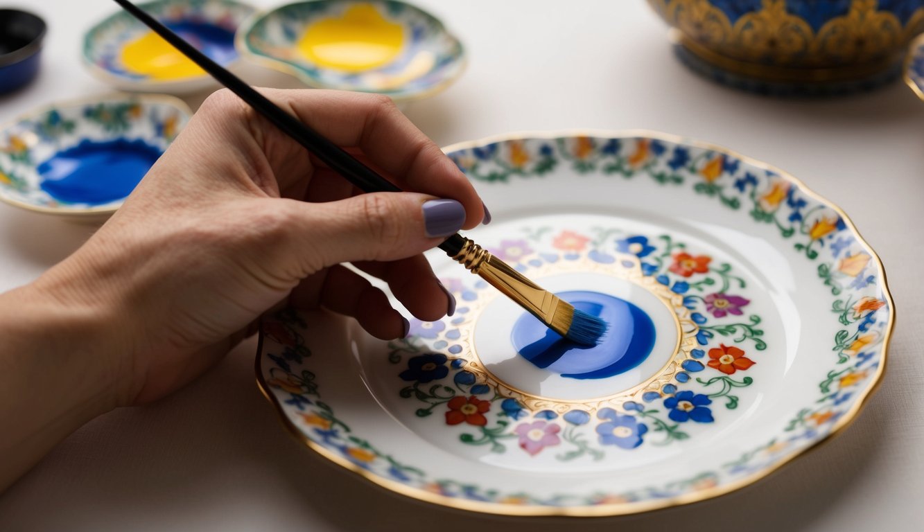 A hand holding a paintbrush applies colorful paint to a delicate porcelain surface, creating intricate designs with careful precision