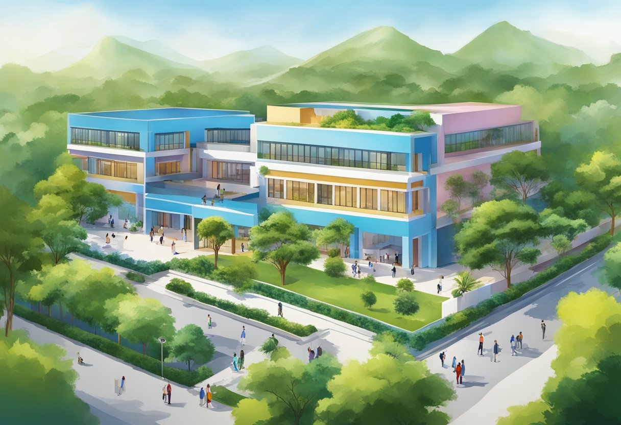 The Jaipur School in Vidyadhar Nagar, with its vibrant colors and bustling students, is set against a backdrop of modern architecture and lush greenery