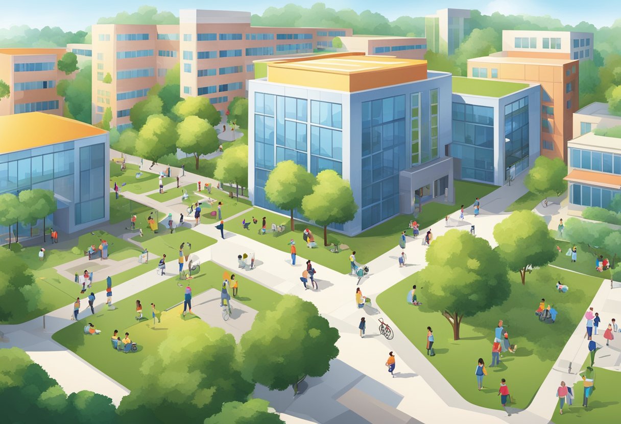 A bustling school campus with modern buildings, playground, and greenery