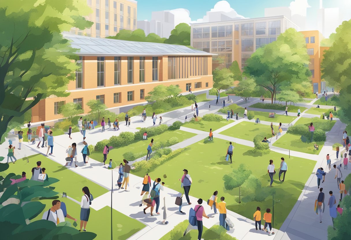 A bustling school campus with modern buildings and lush greenery, students moving between classes