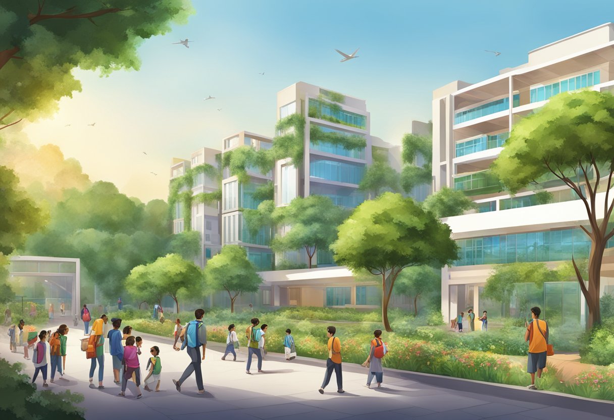 A bustling school campus with modern buildings and lush greenery, surrounded by a vibrant community in Vidyadhar Nagar, Jaipur