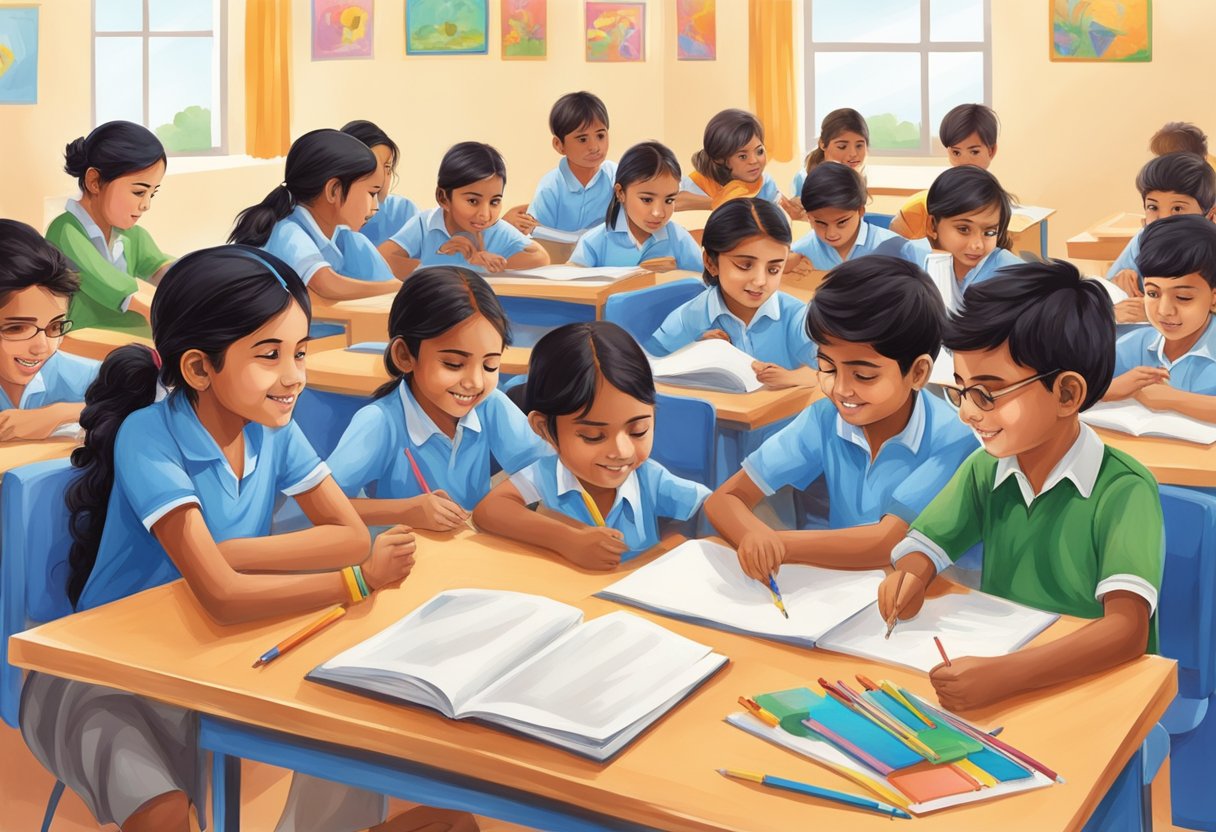 A group of students engage in various extracurricular activities at Jaipur School in Vidyadhar Nagar, including sports, music, and art