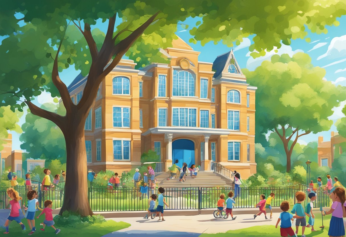 The school building stands tall against a bright blue sky, surrounded by lush green trees and a playground filled with children laughing and playing