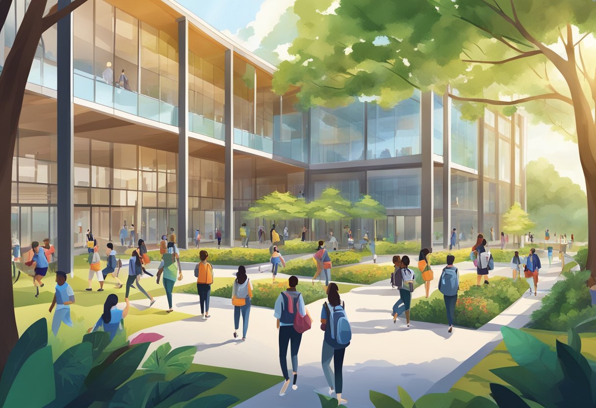 A bustling school campus with students engaged in various academic activities, surrounded by modern facilities and lush greenery