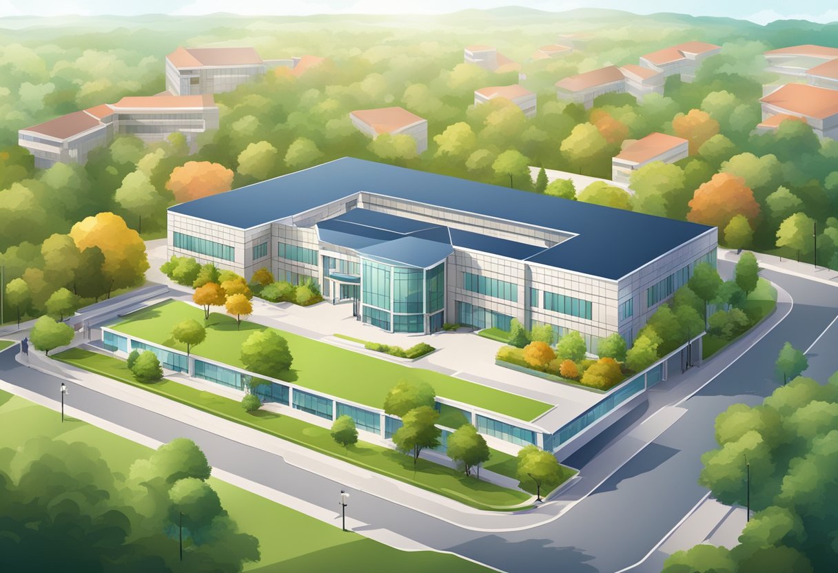 A modern high school building with a spacious campus, surrounded by greenery and vibrant landscaping