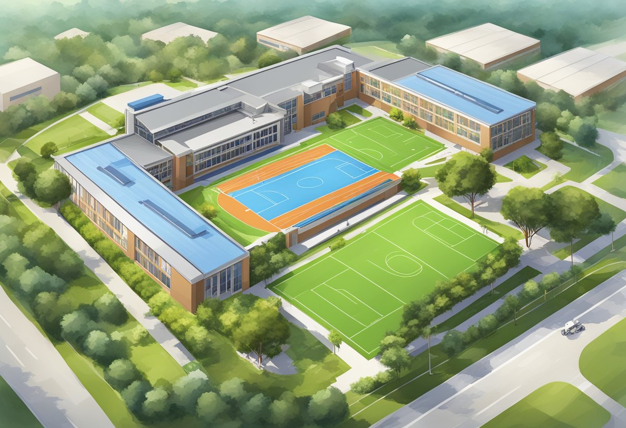 Aerial view of modern high school building with surrounding greenery and sports fields