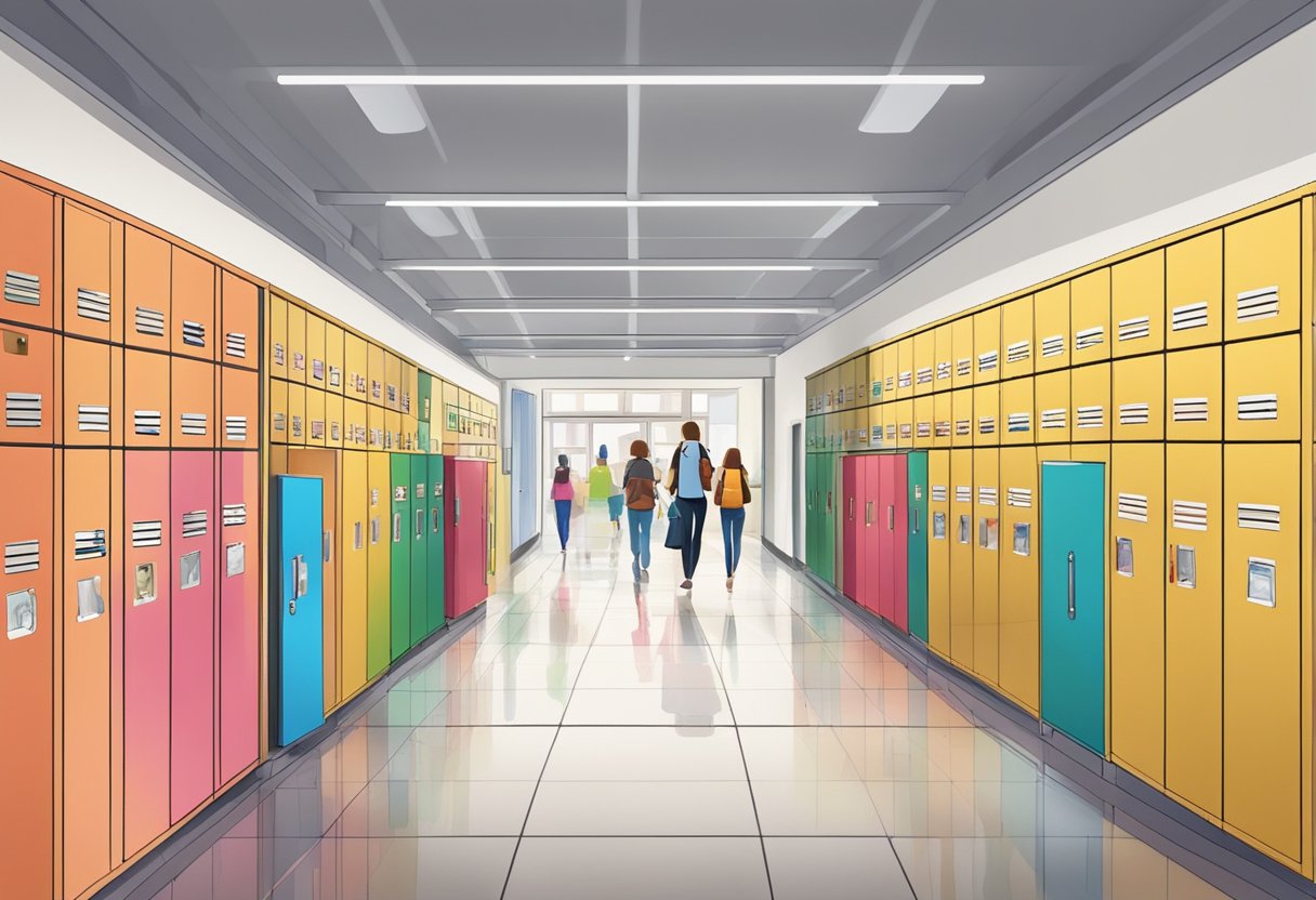 A bustling school hallway lined with colorful lockers and student artwork, leading to a modern classroom filled with books and educational materials