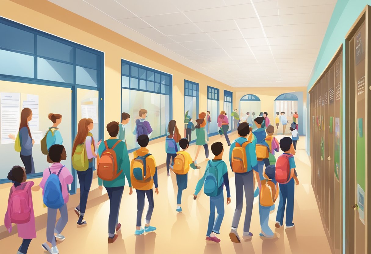 A bustling school hallway with students and parents, a notice board displaying admissions information, and the school building in the background