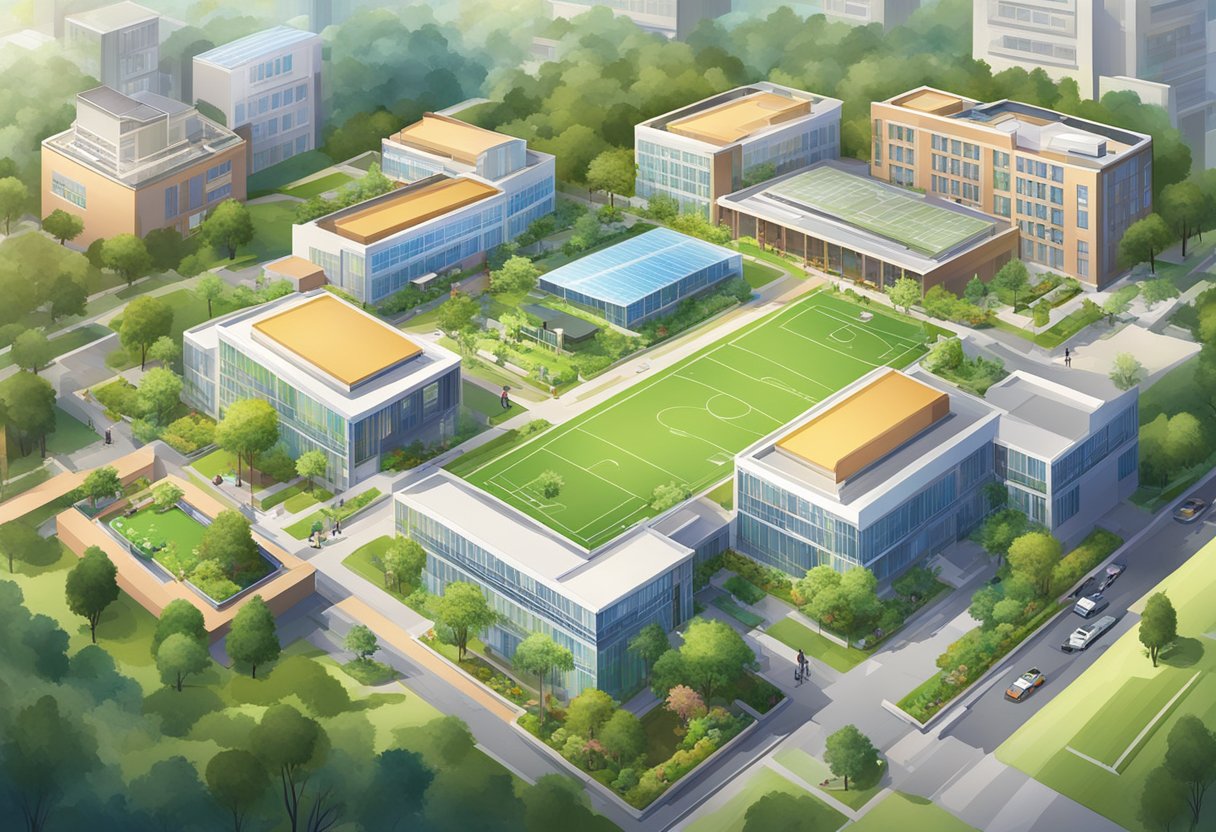 A bustling school campus with various extracurricular facilities, including sports fields, music rooms, and science labs, surrounded by modern buildings and lush greenery