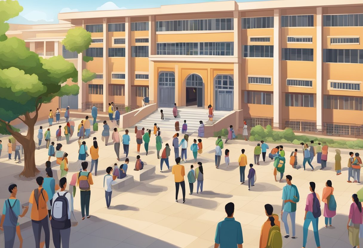 A bustling school courtyard with students and parents chatting, surrounded by modern high school buildings in Jaipur