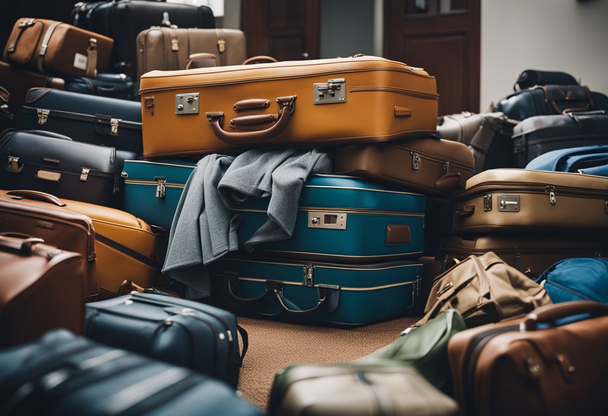 A person surrounded by overstuffed suitcases and bags, struggling to close them while items spill out