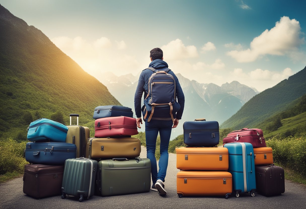 A traveler surrounded by a mountain of luggage, struggling to carry multiple heavy suitcases and bags