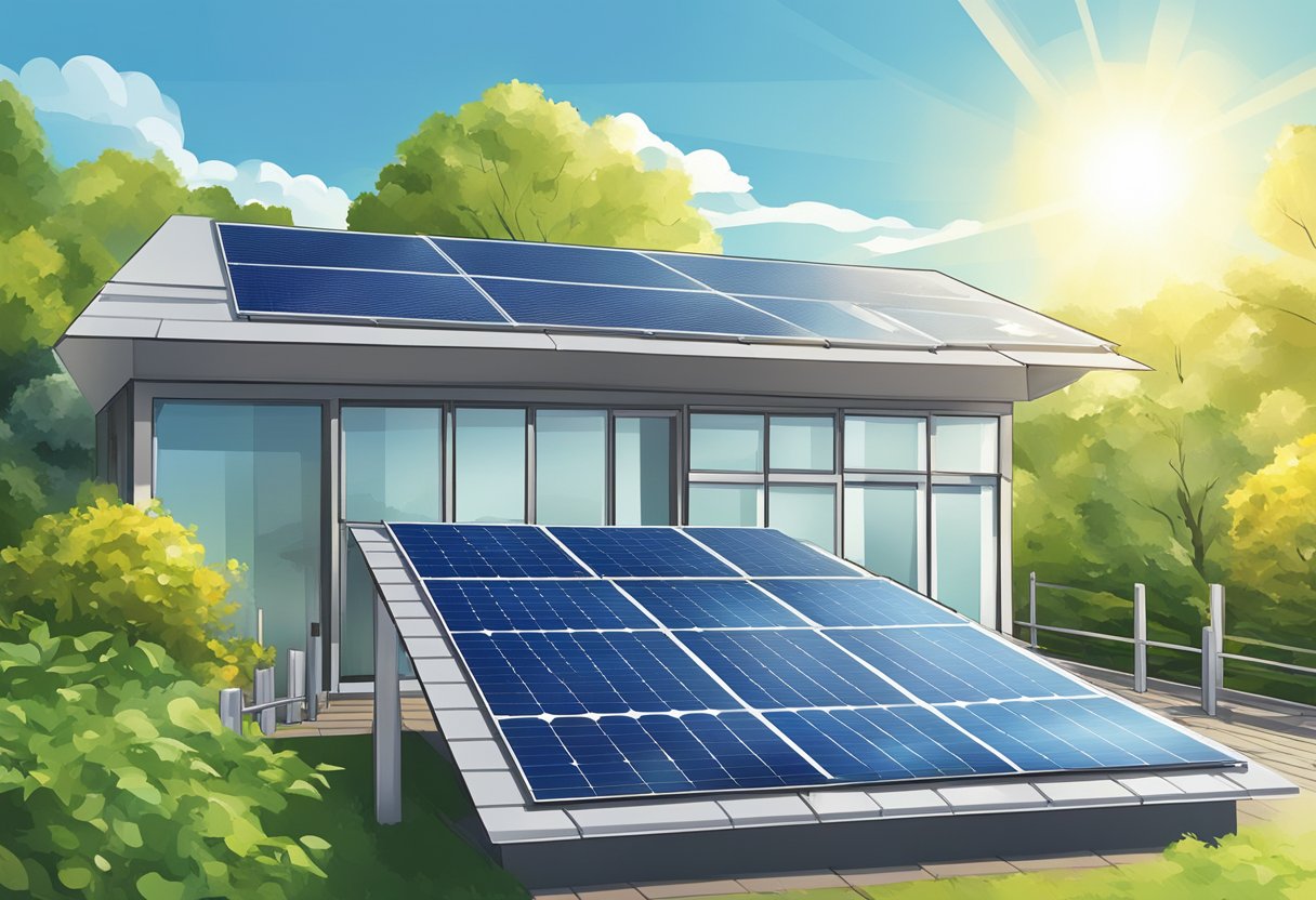 Solar panels on a rooftop, surrounded by greenery. A clear blue sky and sunlight shining on the panels