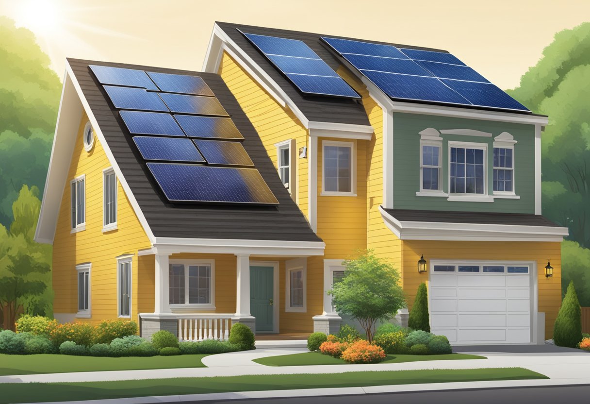 A suburban home with solar panels on the roof, surrounded by greenery. A government logo is visible on a sign promoting solar incentives