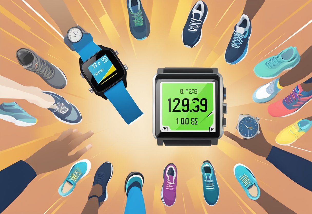 Um pulso de corredor com um relógio de corrida GPS exibindo o ritmo e a distância, cercado por uma pista e tênis de corrida.