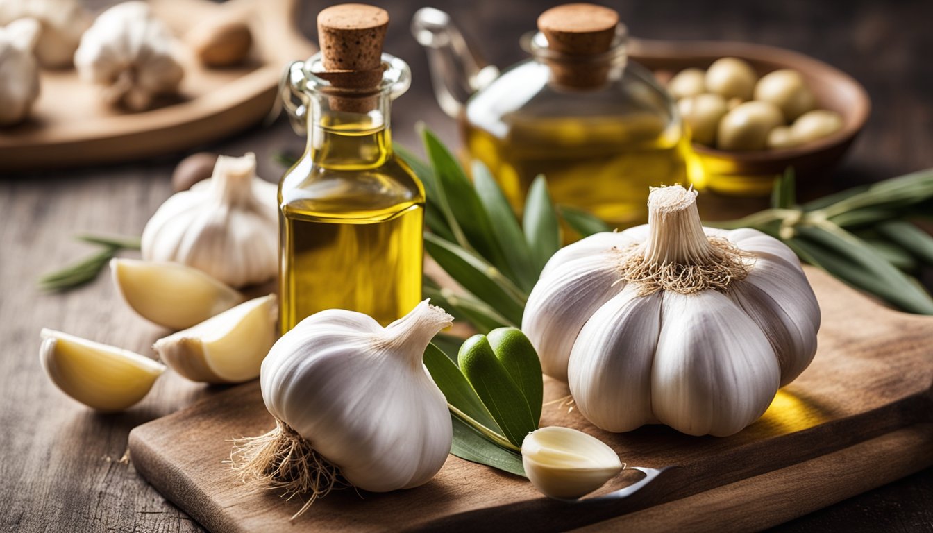 Fresh garlic and olive oil on a rustic table. Neatly arranged with health benefits labeled. Sunlit kitchen background