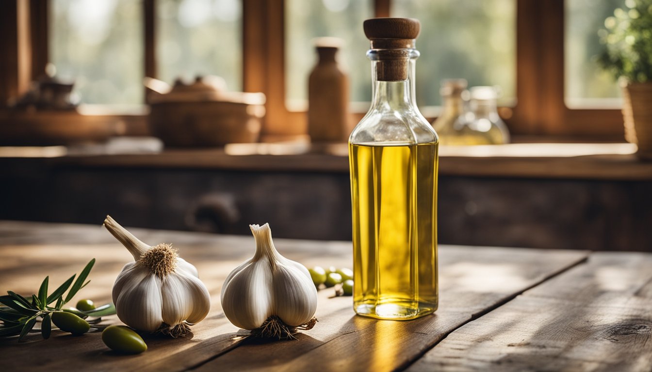 Fresh garlic and olive oil on a wooden table in a rustic kitchen, highlighted by natural light