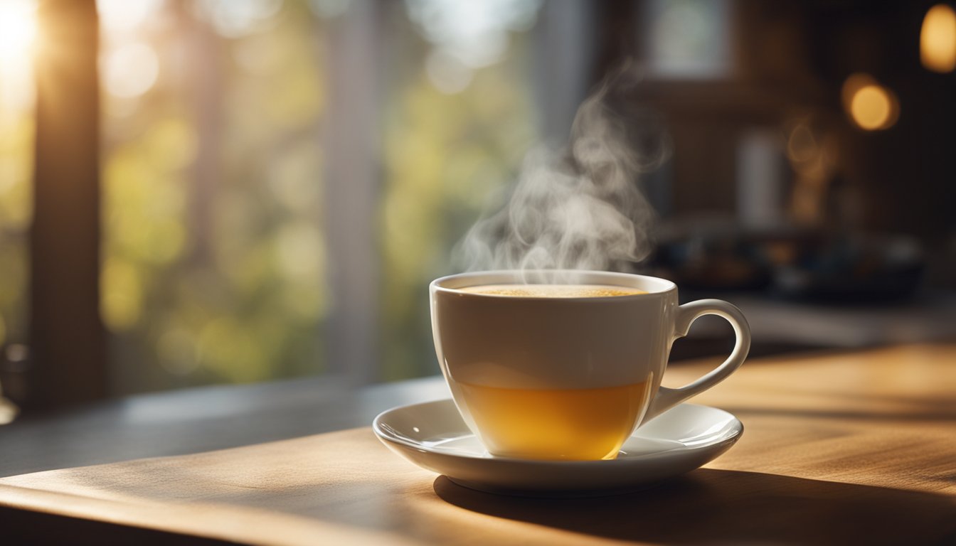 A steaming cup of chamomile tea sits on a wooden table in a cozy kitchen, with sunlight streaming in from a sunny window, creating a calming and soothing atmosphere