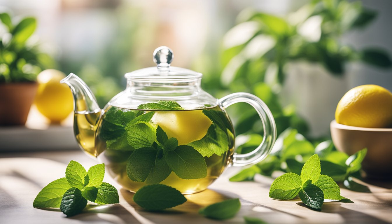 A glass teapot of vibrant peppermint tea, with scattered leaves and lemon slices, in a bright kitchen with potted plants