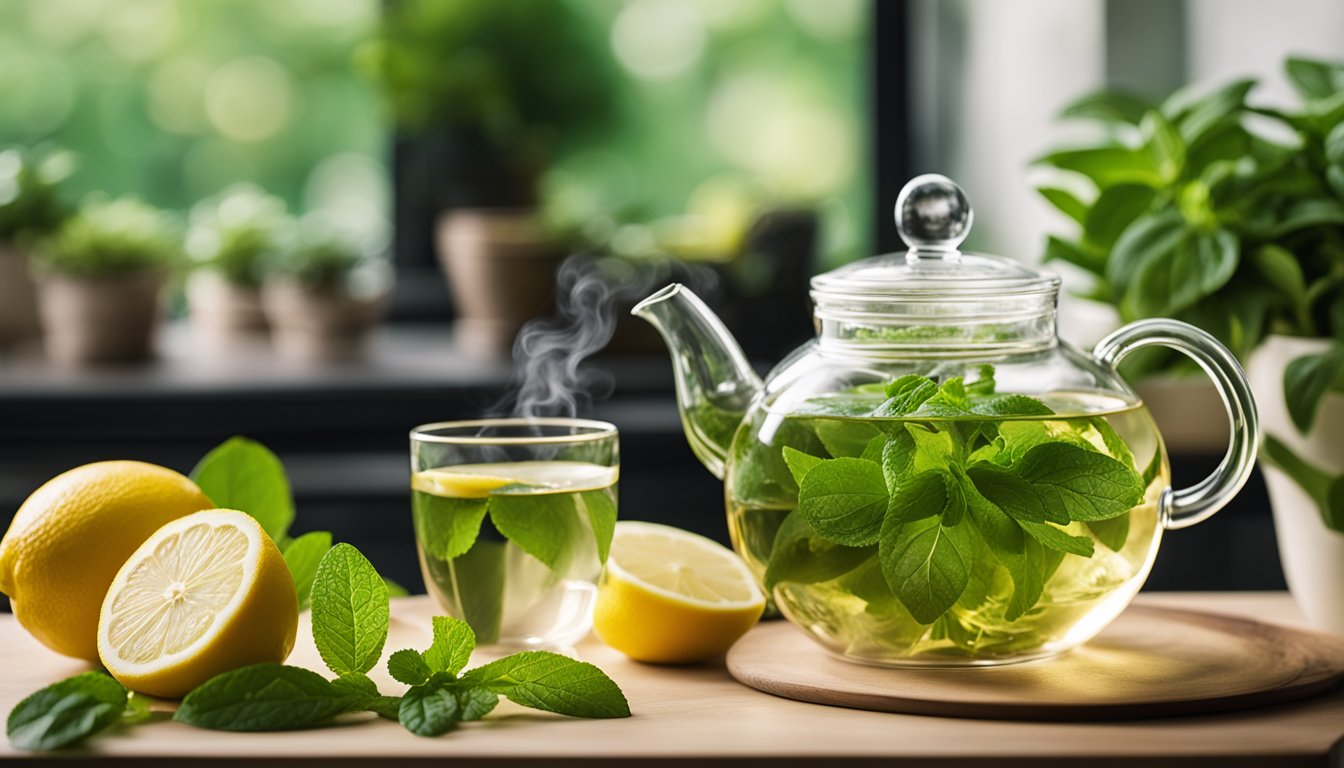 A glass teapot filled with vibrant green peppermint tea, surrounded by fresh leaves and lemon slices in a bright, airy kitchen with potted plants