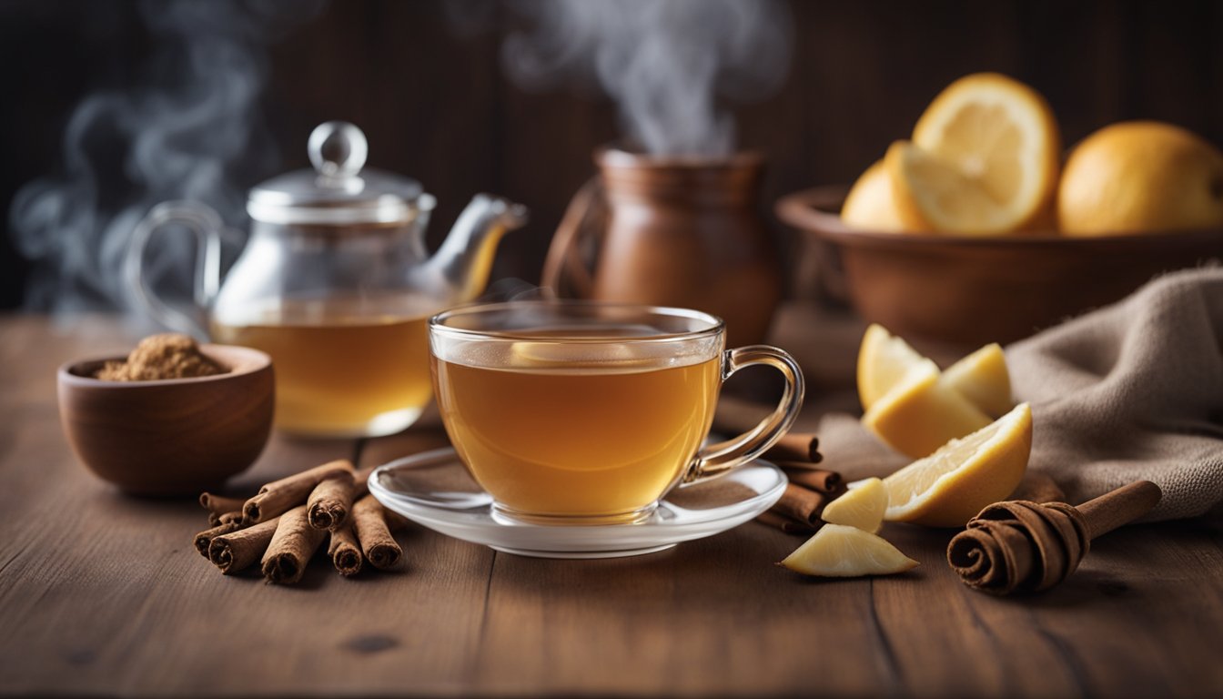 Steaming ginger tea on a wooden table, with fresh ginger and cinnamon. Cozy kitchen background with warm lighting