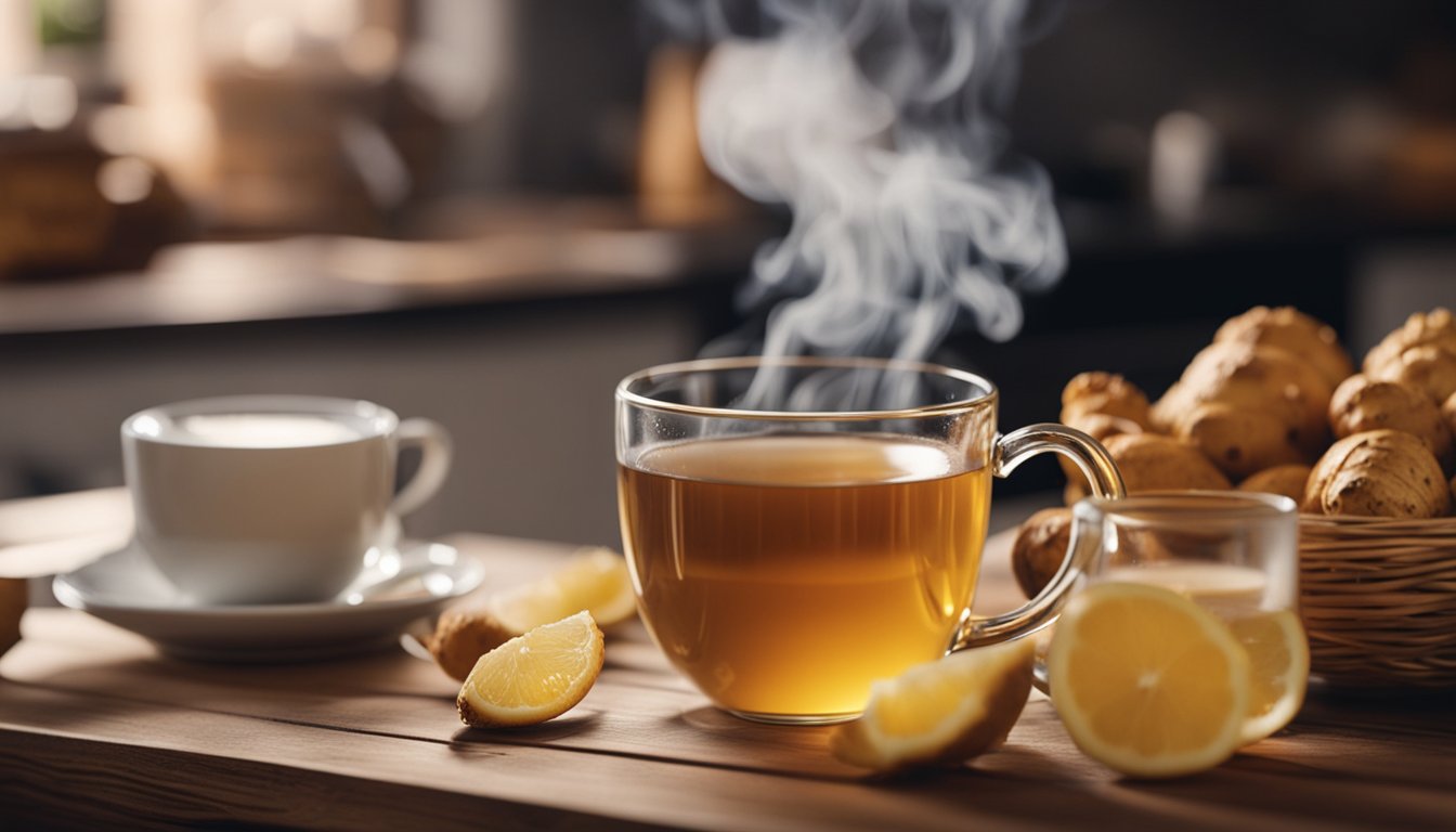 Steaming ginger tea on wooden table in cozy kitchen