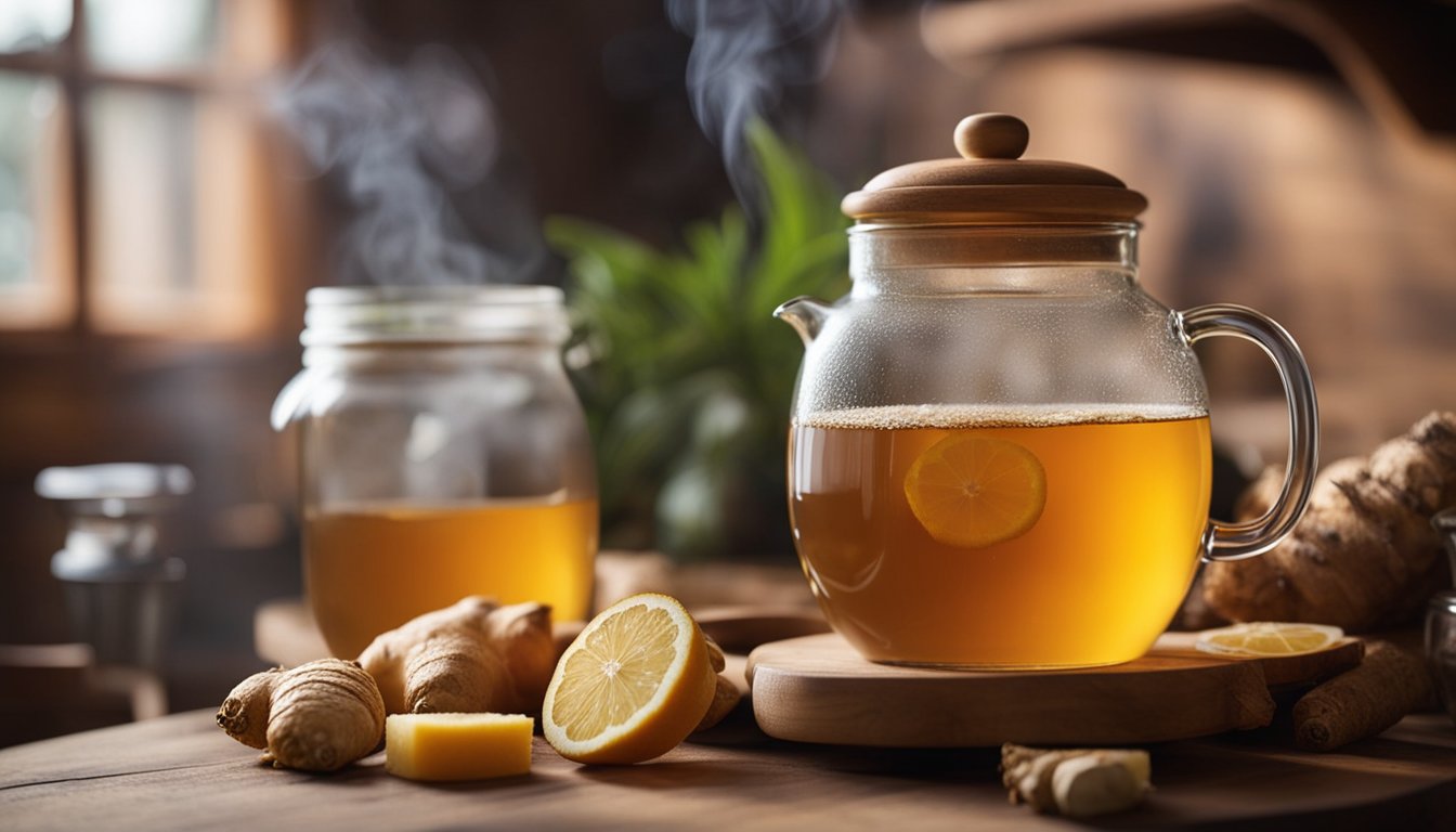 Steaming ginger tea on rustic table in cozy kitchen. Honey jar nearby