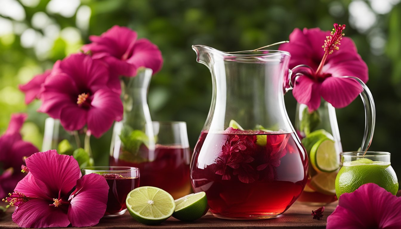 A glass pitcher of deep red hibiscus tea, surrounded by fresh flowers and lime slices, poured into a clear glass. Lush garden background emphasizes the tea's refreshing benefits