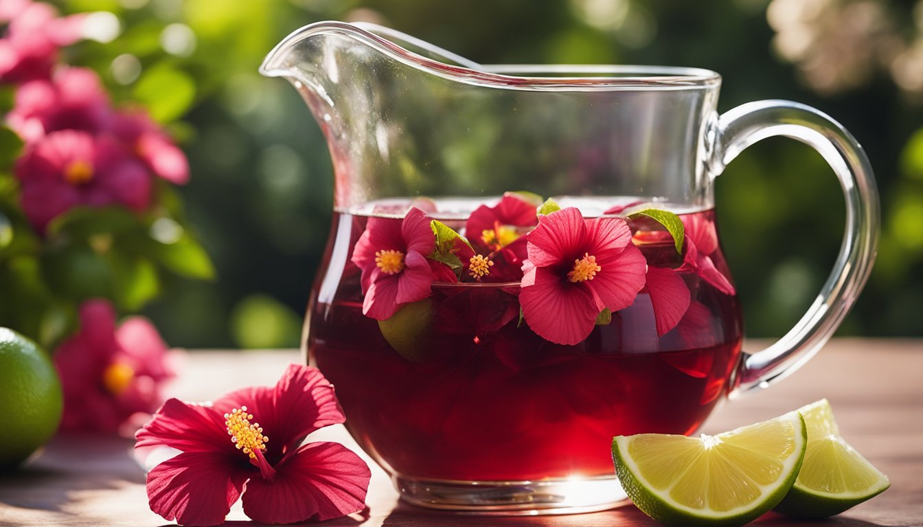 A glass pitcher of deep red hibiscus tea, surrounded by flowers and lime slices, poured into a clear glass. Sunny garden background emphasizes its refreshing benefits