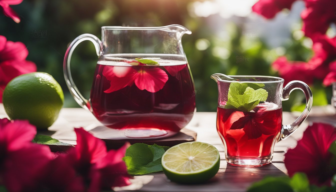 A glass pitcher of deep red hibiscus tea, surrounded by fresh hibiscus flowers and lime slices. The tea is poured into a clear glass, set in a sunny garden with lush greenery