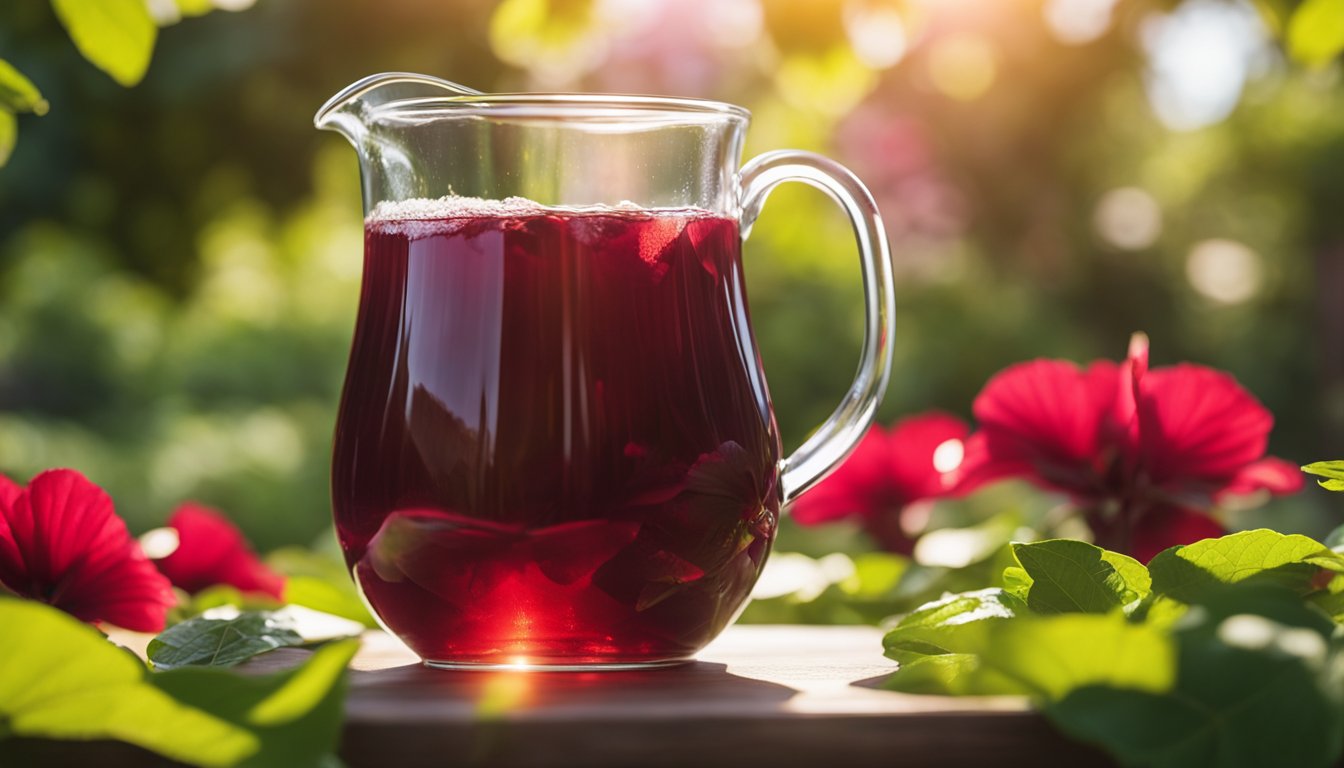 A glass pitcher of deep red hibiscus tea poured into a clear glass in a sunny garden with lush greenery, emphasizing the refreshing and heart-healthy benefits of hibiscus tea