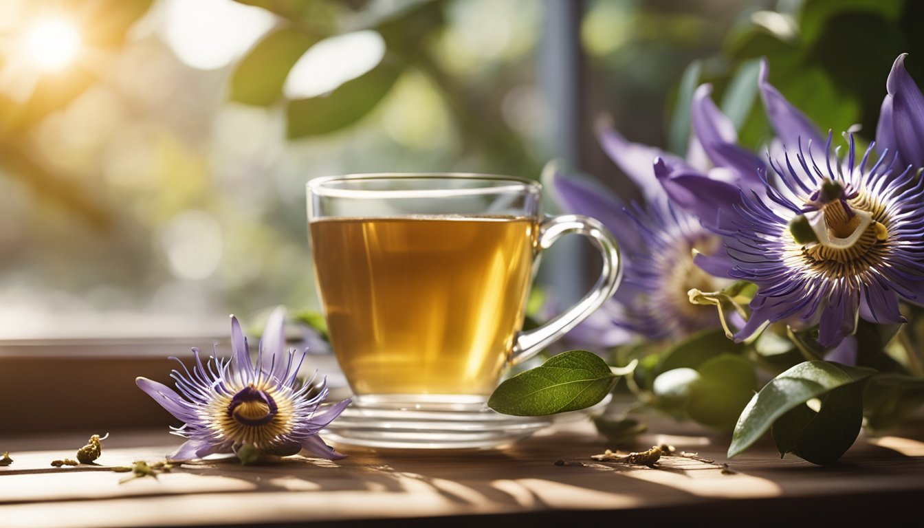 A serene kitchen with steaming passionflower tea, golden in color, on a wooden table next to dried passionflower flowers, with sunlight streaming in from a sunny window