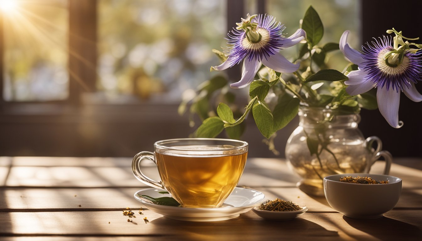 A tranquil kitchen with steaming passionflower tea, golden in color, next to dried flowers on a wooden table. Sunlight streams through the window, highlighting the tea's soothing properties