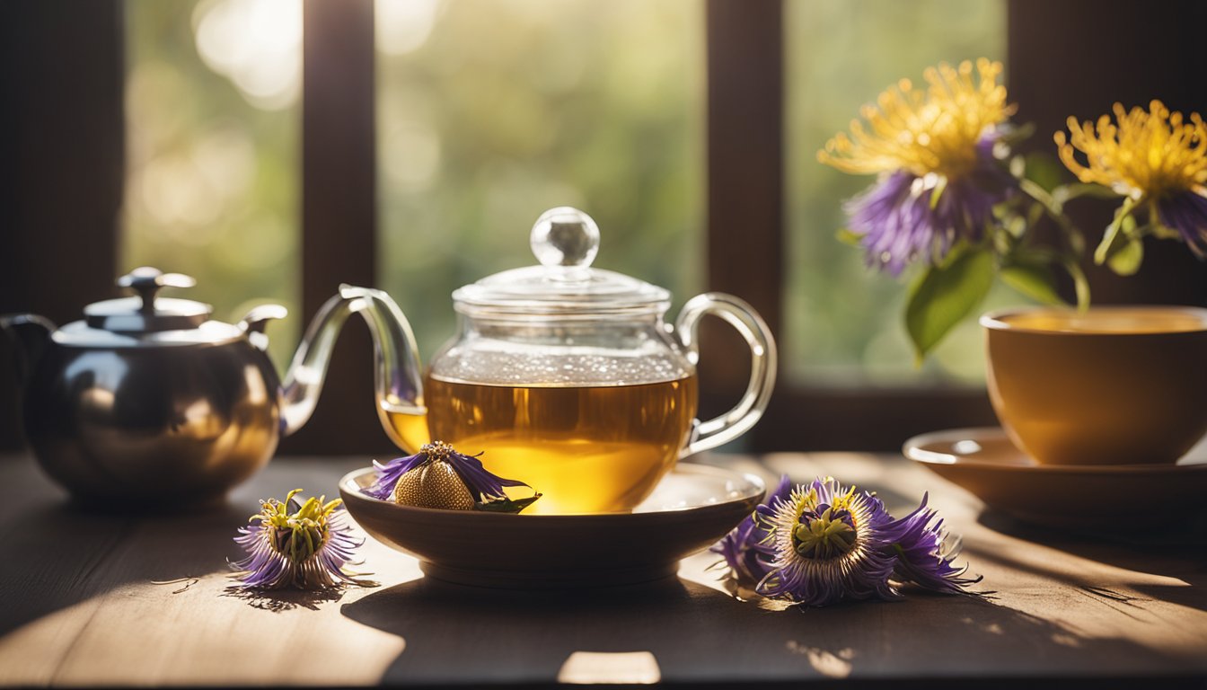 A serene kitchen with steaming passionflower tea, golden in color, on a wooden table next to dried passionflower flowers, bathed in sunlight from a window